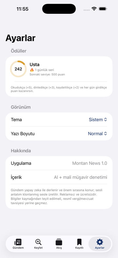 Ayarlar ekranı